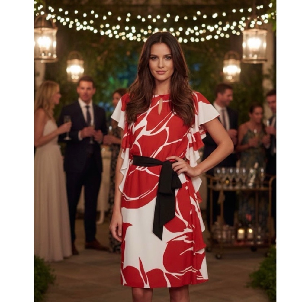 ESCADA $1995 DESIGNER RED POPPY SILK BLEND FLORAL FLUTTER BELTED CLASSY DRESS 36